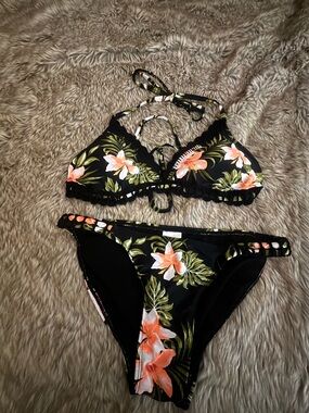 Xhilaration Black Floral Bikini with Pink-Orange Flowers